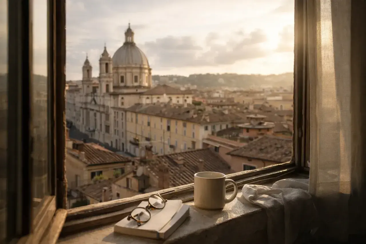Un caffè e un libro sul davanzale, con la vista di Roma 24h che si svela al tramonto.