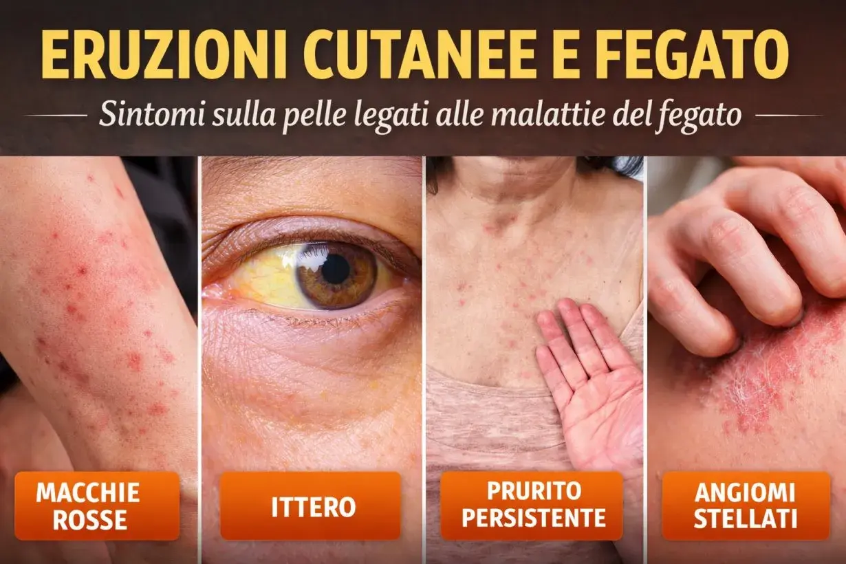 Eruzioni cutanee e ittero, sintomi di malattie epatiche. L'arrossamento cutaneo, macchie rosse e prurito persistente possono indicare problemi al fegato.