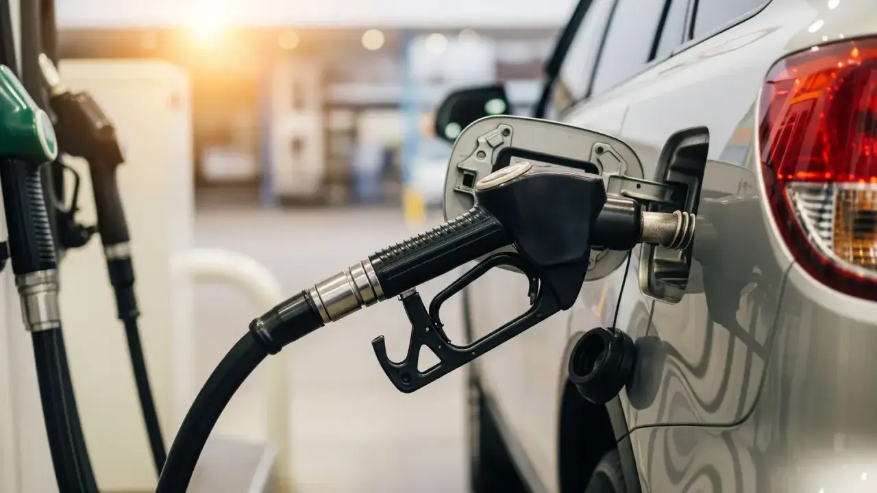 La manguera de una gasolinera surte el carburante de un coche.