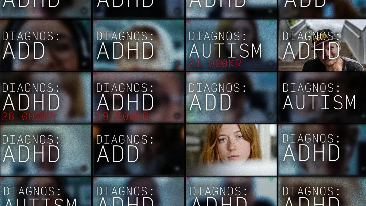 En mosaik av diagnoser, inklusive ADHD, Autism och ADD. En vuxen man med ADHD syns leende i ett av fälten.