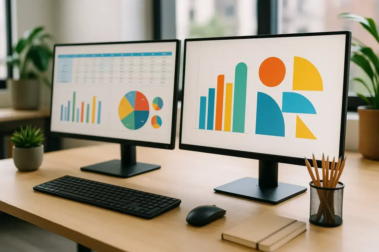 Bureau avec deux écrans affichant des graphiques. Un ordinateur avec Windows VM en ligne pour analyser les données.