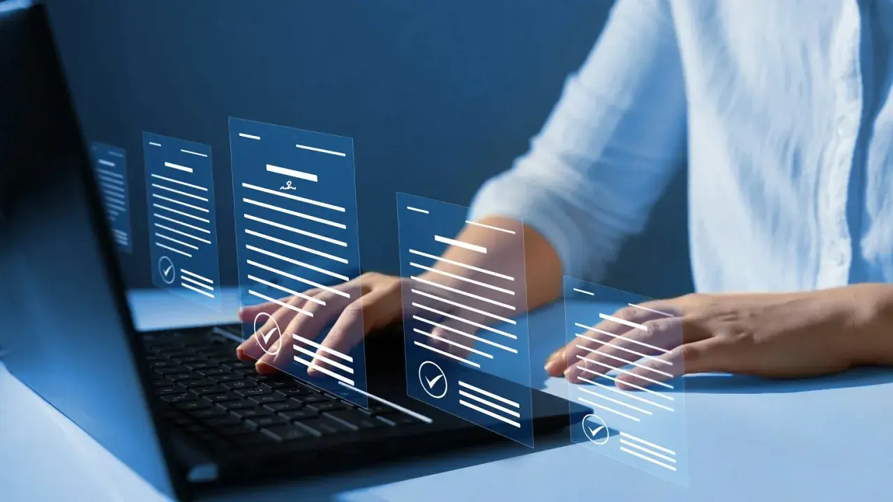 Dłonie nad klawiaturą laptopa, nad którymi unoszą się wirtualne dokumenty, jak zaświadczenie o zameldowaniu.