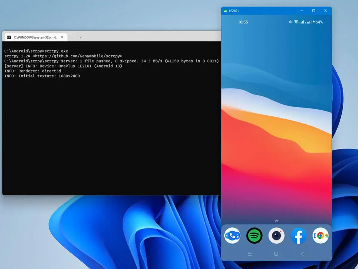 Ventana de comandos mostrando el proceso de compartir pantalla Android con scrcpy. El teléfono OnePlus LE2101 se ve en la pantalla.
