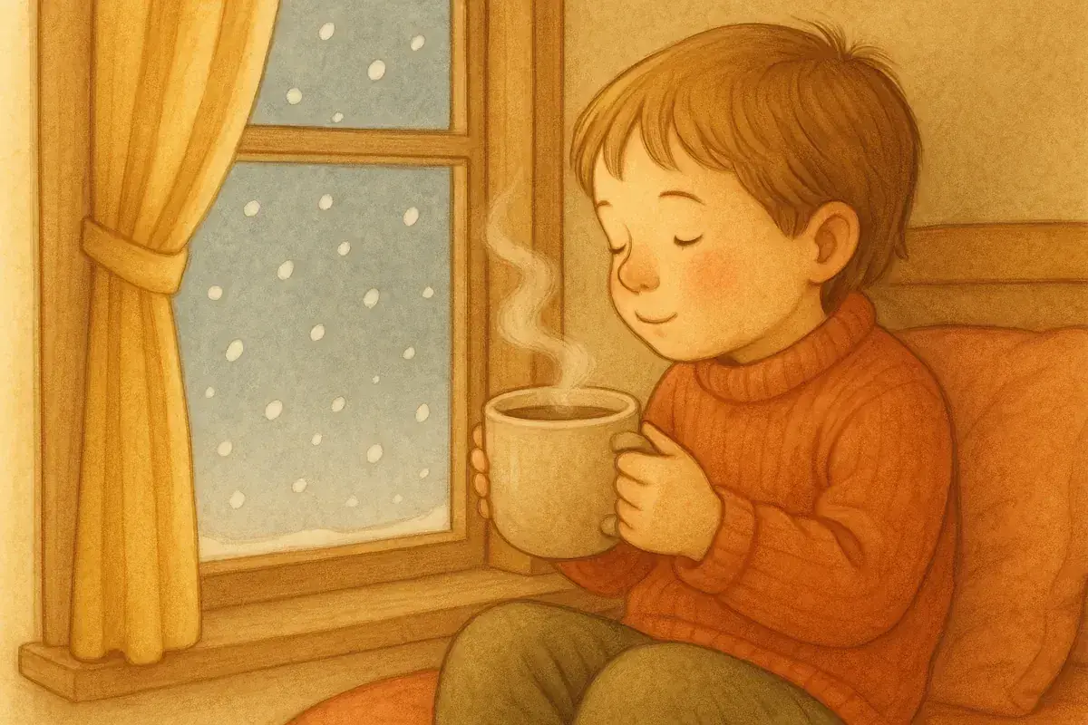 En pojke njuter av en varm choklad vid fönstret medan snön faller.