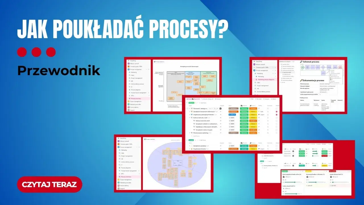 Jak długo trwa optymalizacja procesów? Na ekranie widzisz narzędzie do zarządzania procesami, diagramy i listy zadań.