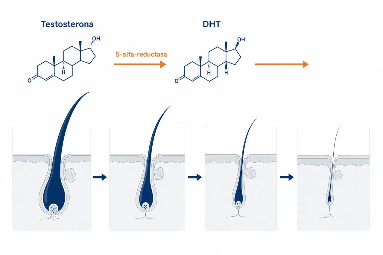 La testosterona se convierte en DHT por la 5-alfa reductasa, afectando el folículo piloso y el crecimiento del pelo.