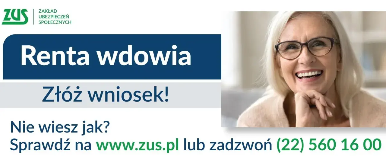 Uśmiechnięta starsza pani z okularami. Informacja o rencie wdowiej i jak złożyć wniosek. ZUS.