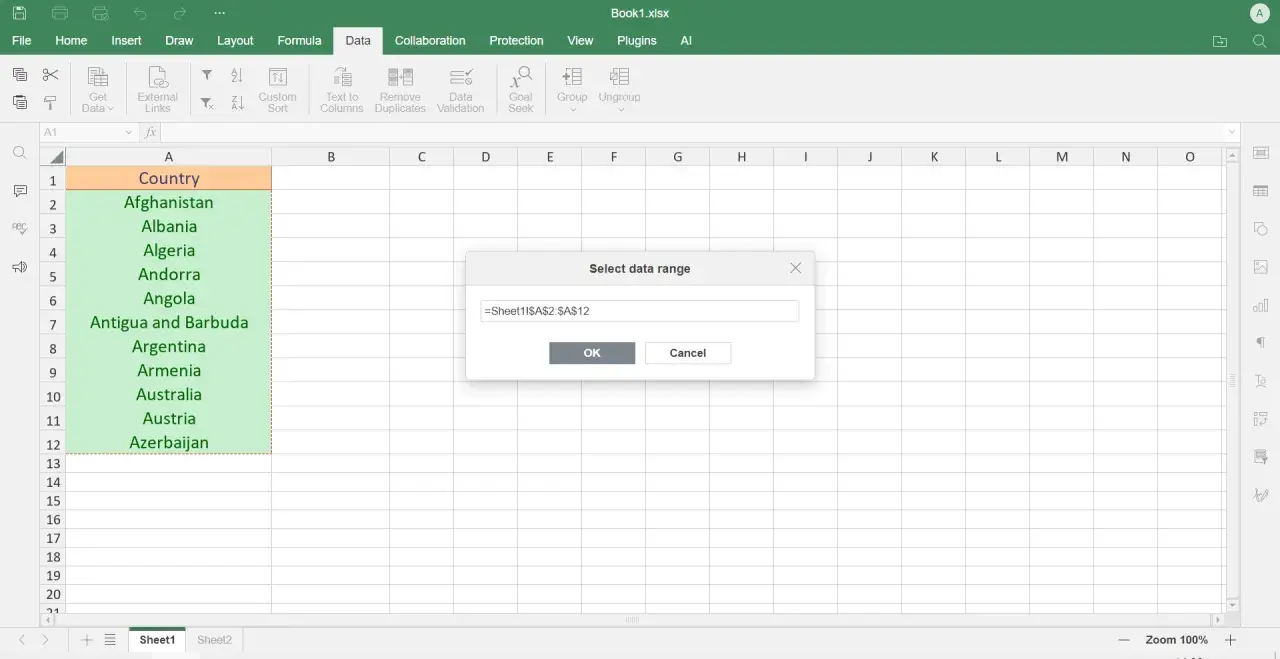 Una finestra di dialogo in Excel chiede di selezionare un intervallo di dati, mostrando una lista di paesi da A2 ad A12.