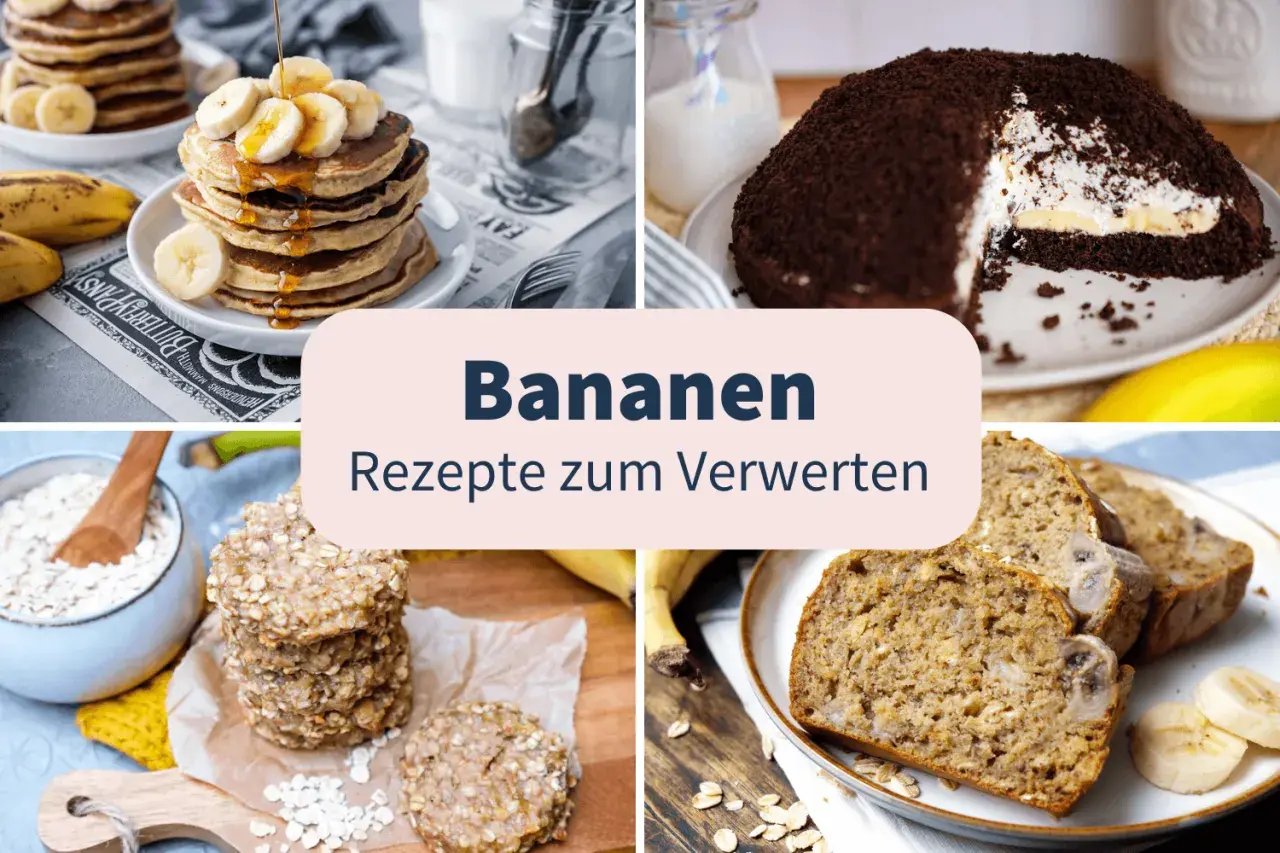 Bananen Rezepte zum Verwerten: Stapel Pancakes, Schoko-Bananen-Torte, Haferflocken-Kekse und Bananenbrot.