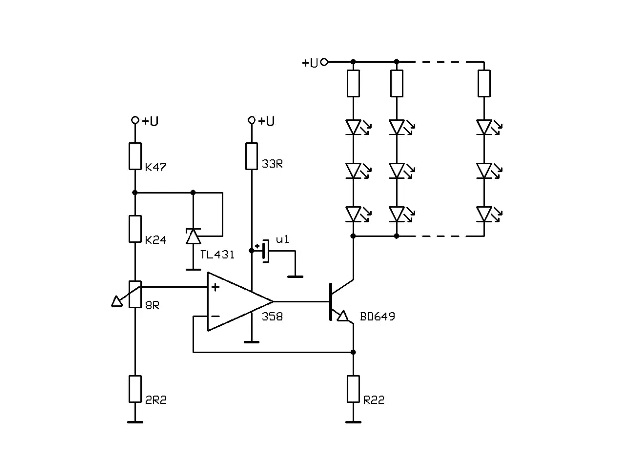 Schemat ściemniacza LED 12V z TL431, wzmacniaczem operacyjnym 358 i tranzystorem BD649.