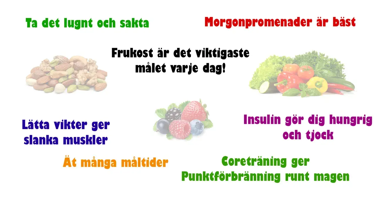 Pile of nuts, berries, and vegetables with Swedish text about weight loss.