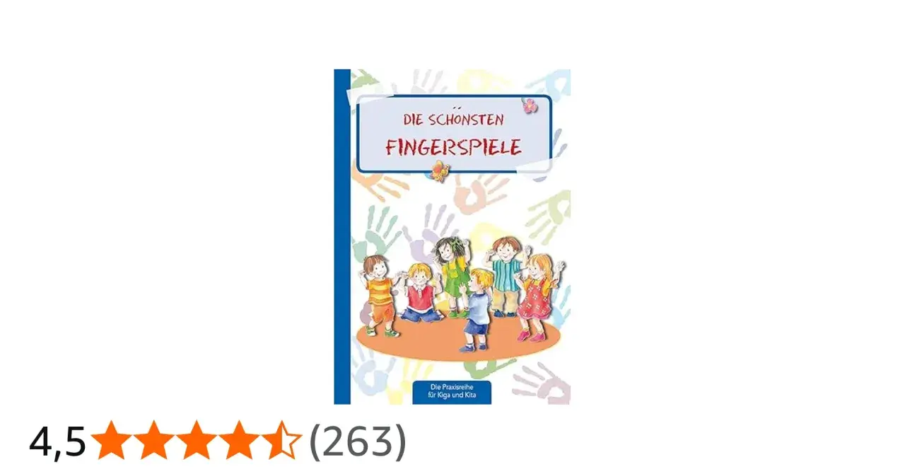 Buntes Buchcover mit Kindern, die Finger- und Bewegungsspiele im Kindergarten spielen. "Die schönsten Fingerspiele" ist der Titel.