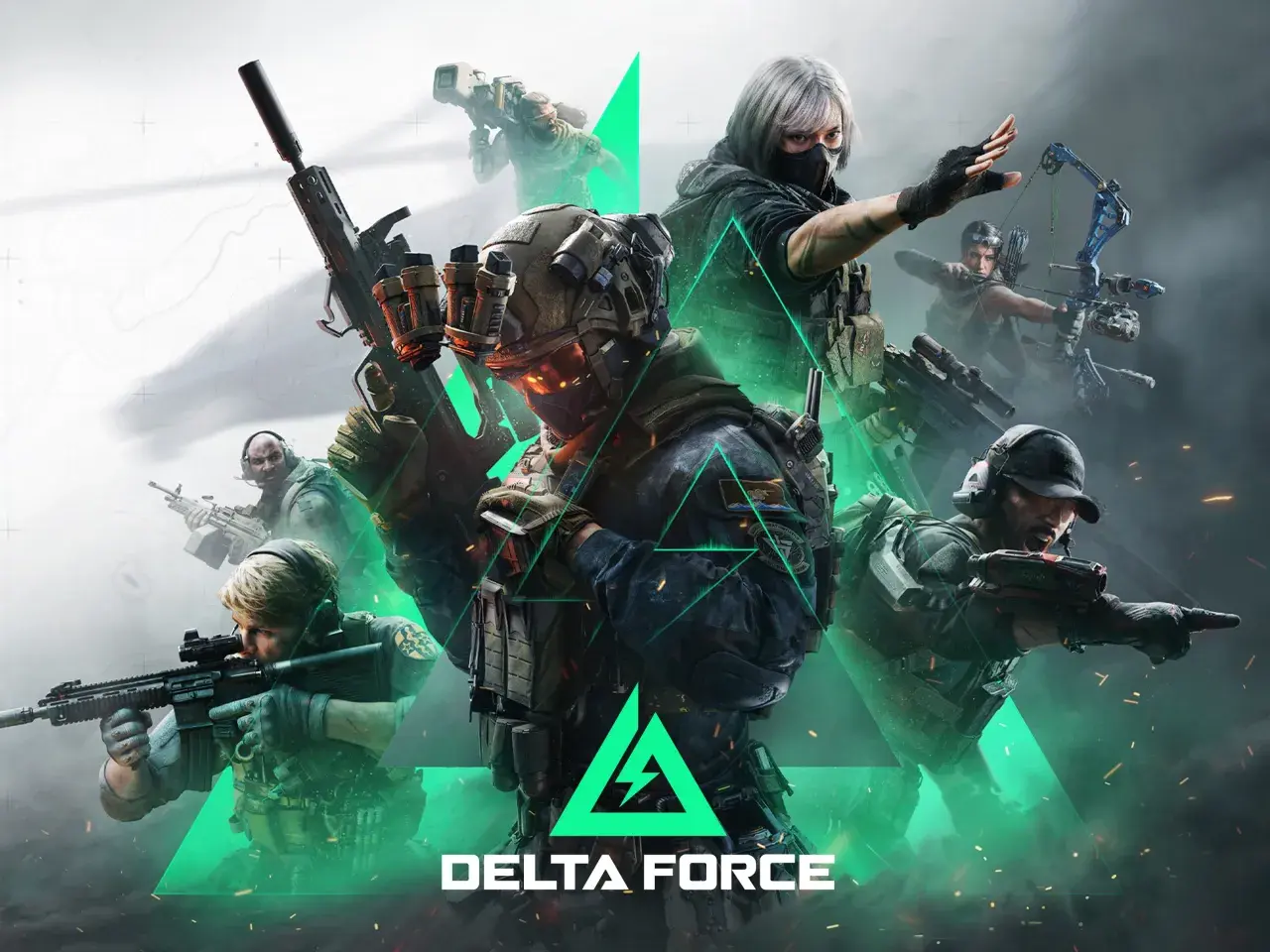 Żołnierze Delta Force na PS5 gotowi do akcji. W tle mapa i zielone trójkąty.