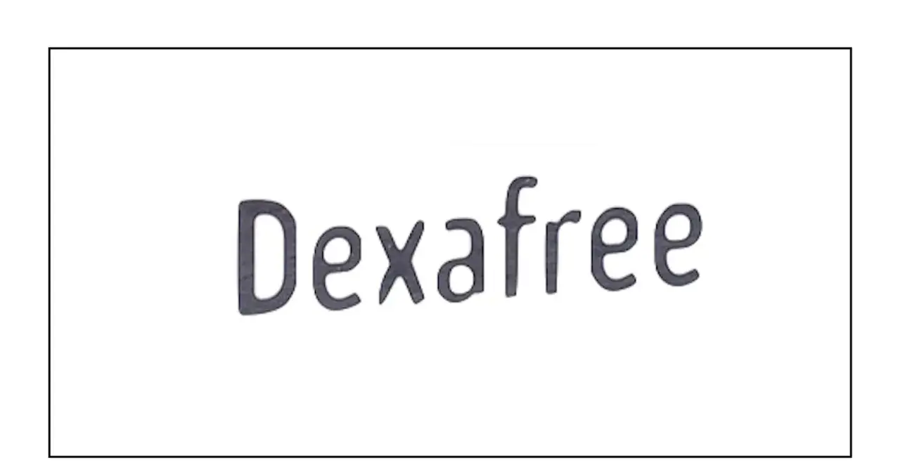 Napis "Dexafree" w ciemnoszarym kolorze, na białym tle.