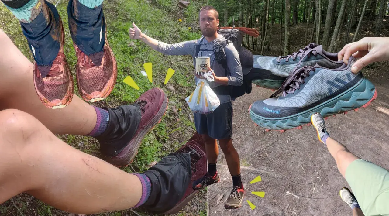 Hiking shoes should fit snugly but not too tight, allowing room for toes to wiggle. This collage shows various fits, from trail-worn to pristine.