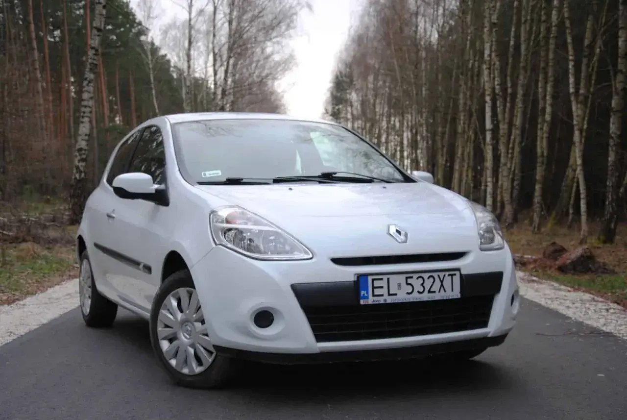 Biały Renault Clio 3 1.2 benzyna zaparkowany na leśnej drodze.