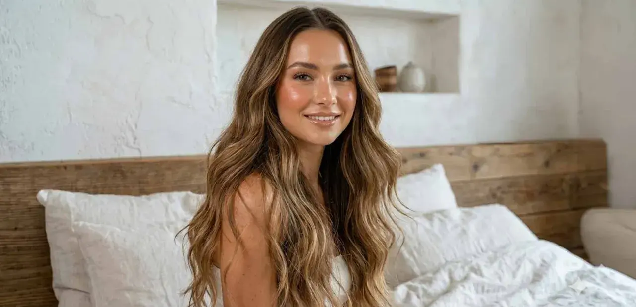Mujer sonriente con cabello largo y ondulado, mostrando diferentes tipos de pelo con reflejos dorados.