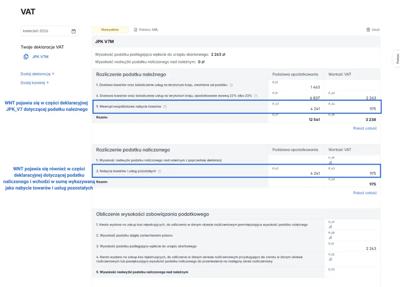 JPK V7M: wewnątrzwspólnotowe nabycie towarów (975 zł) widoczne w podatku należnym i naliczonym.