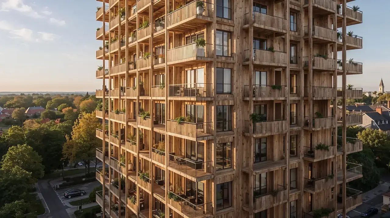 Ein modernes Holzhochhaus mit vielen Balkonen, das eine Vision für nachhaltiges wohnen in der zukunft darstellt.