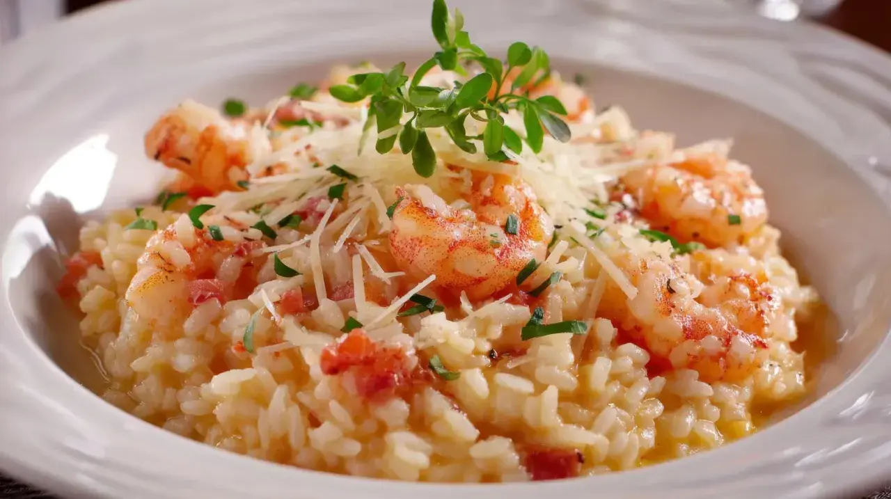 Un crémeux risotto crevettes, garni de parmesan râpé et de persil frais, avec quelques touches de bacon croustillant.