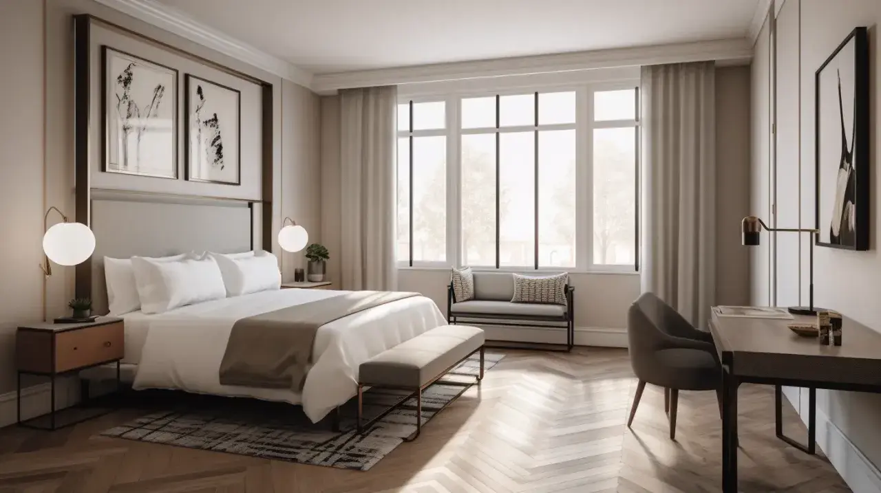 Camera da letto elegante con letto king-size, opere d'arte astratte e un'ampia finestra. Il **gds significato** qui è il comfort e il lusso.