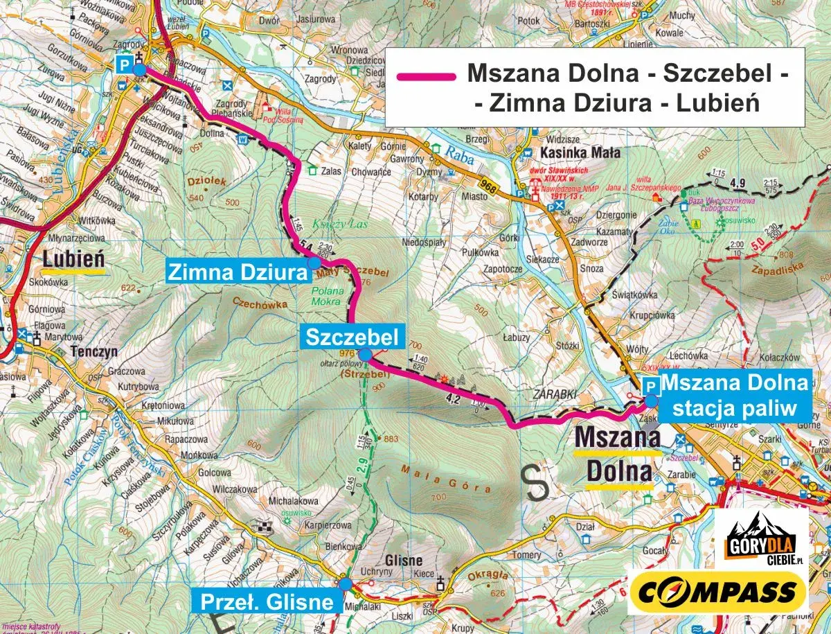 Trasa Mszana Dolna - Szczebel - Zimna Dziura - Lubień. Mapa turystyczna z zaznaczonymi szlakami i atrakcjami.