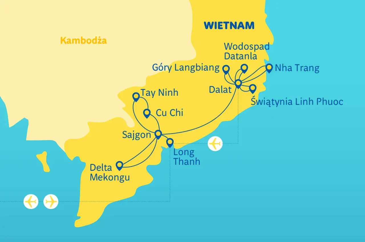 Mapa pokazuje atrakcje wietnamu południowego: Sajgon, Dalat, Delta Mekongu, Nha Trang. Co zobaczyć w Wietnamie?