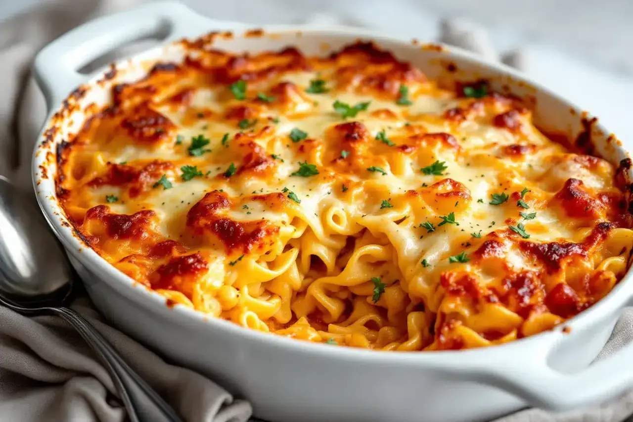 Un plat de gratin de pâtes crémeux et doré, garni de persil frais. Parfait pour des recettes gratin de pâtes réconfortantes.
