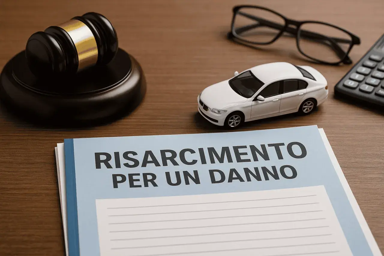 Martelletto da giudice, auto giocattolo, occhiali e calcolatrice su un tavolo. Documento "Risarcimento per un danno". Chi paga in caso di infortunio sul lavoro?