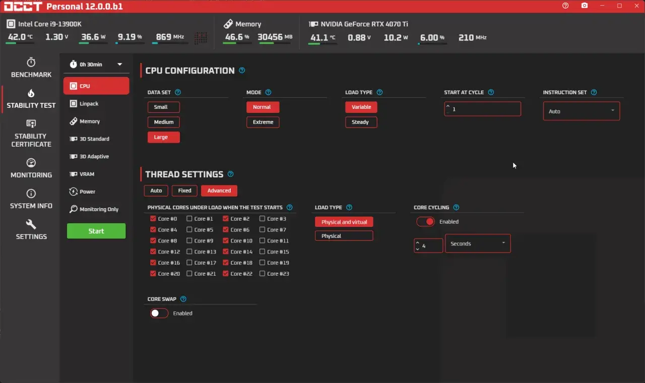 Configuración de **stress test PC** con CPU Intel i9-13900K, seleccionando núcleos y modo de carga para la prueba.