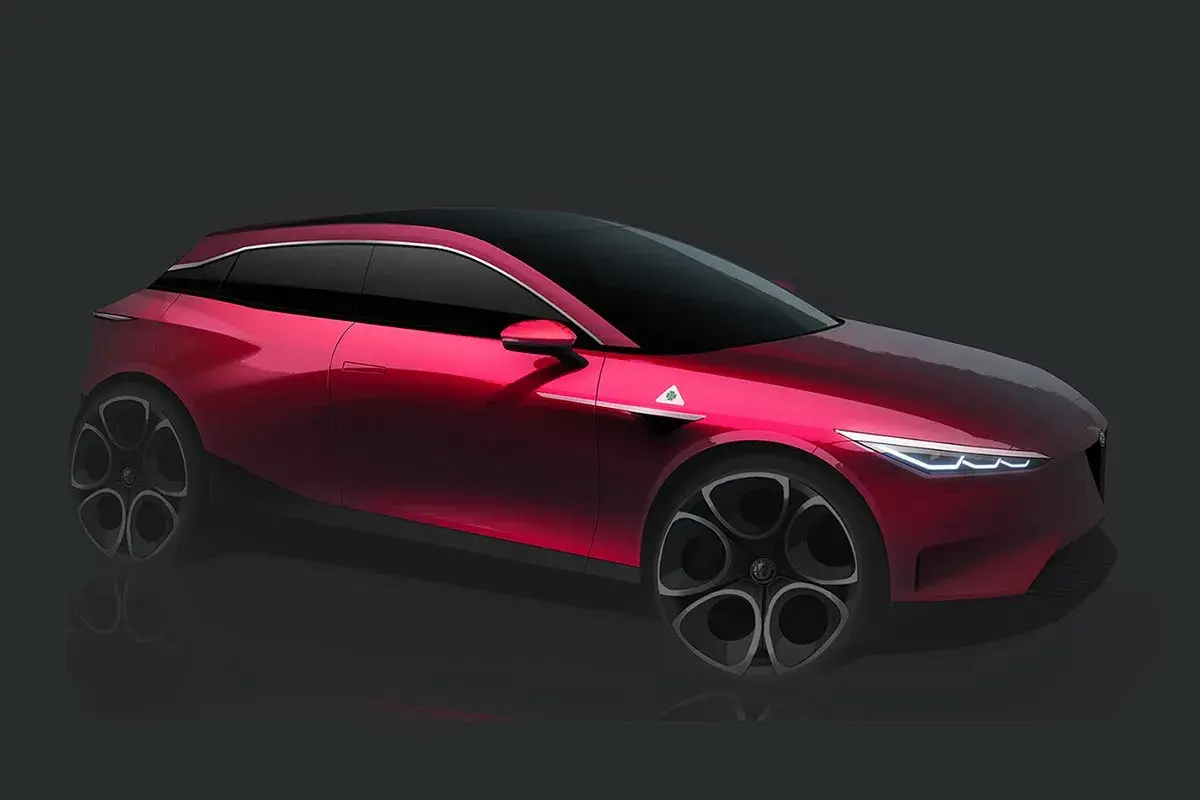 Un boceto de un Alfa Romeo Giulietta Quadrifoglio Verde rojo brillante, con llantas distintivas y el trébol verde en el guardabarros.