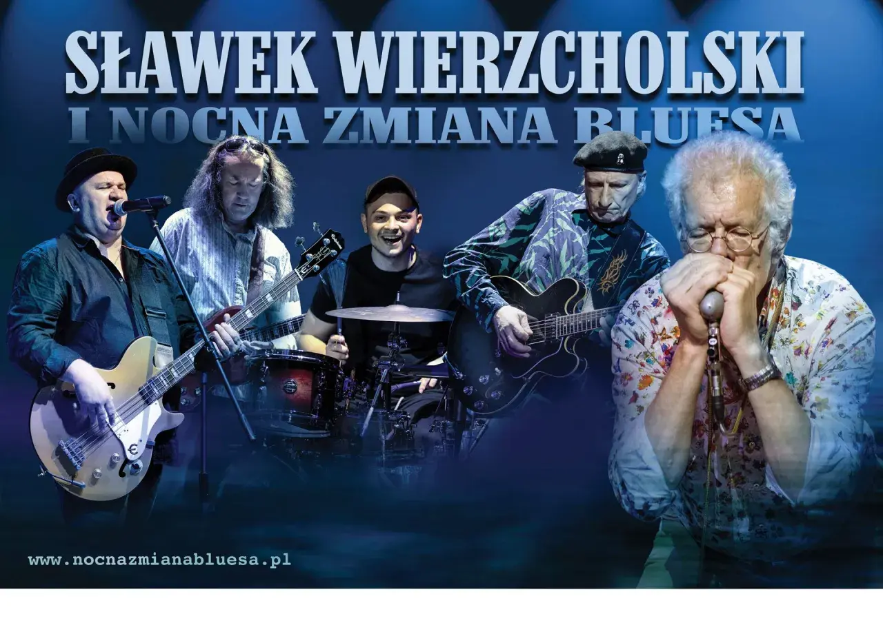 Zespół Sławka Wierzcholskiego i Nocna Zmiana Bluesa na scenie. Muzycy grają na gitarach, basie i perkusji, a Sławek Wierzcholski gra na harmonijce ustnej.