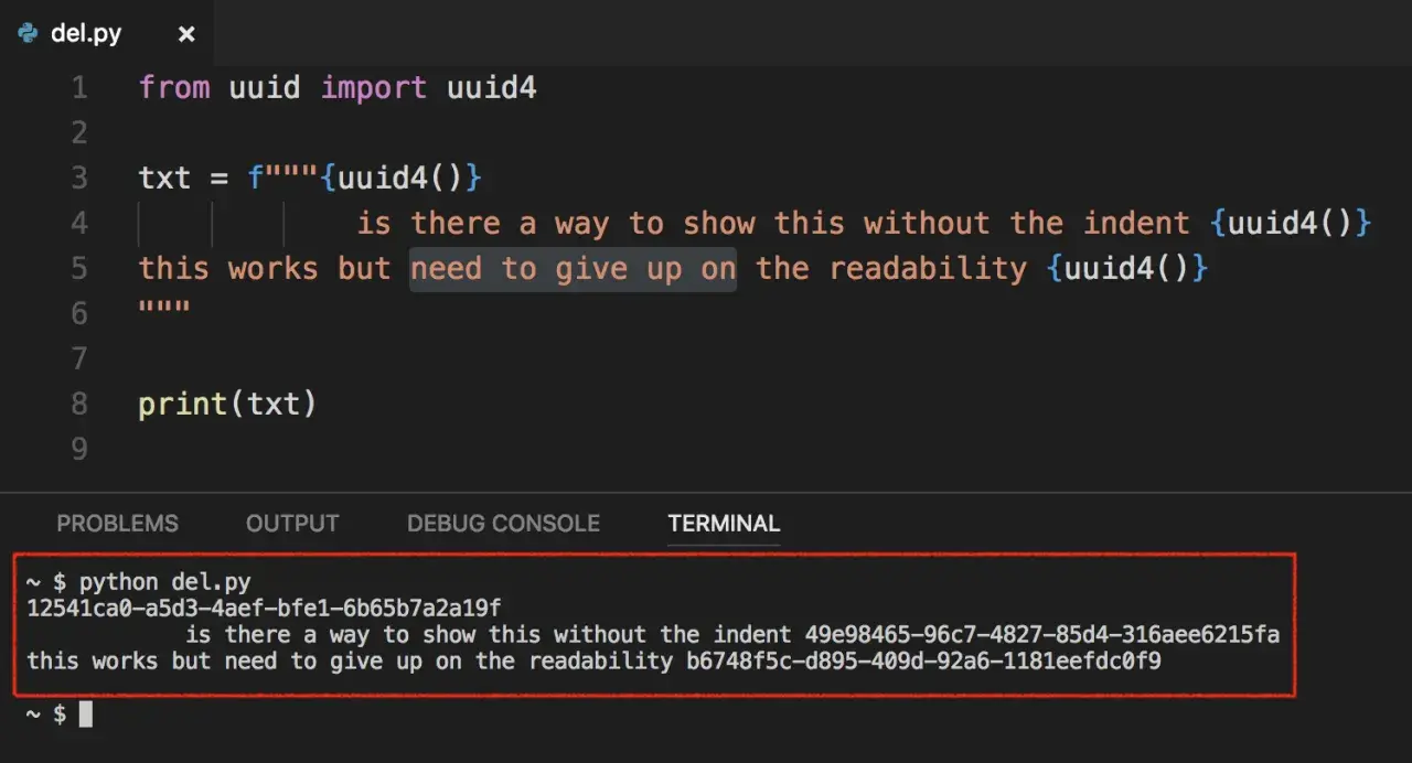 Code Python générant des UUIDs. Le terminal affiche les UUIDs générés, montrant la difficulté de les afficher sans indentation tout en gardant la lisibilité.