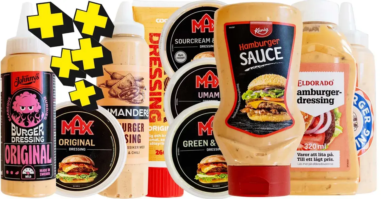 En samling hamburgerdressingar och såser, inklusive Kanias Hamburger Sauce och Eldorado Hamburger Dressing. Perfekt för att hitta ditt favorithamburgerdressing recept.