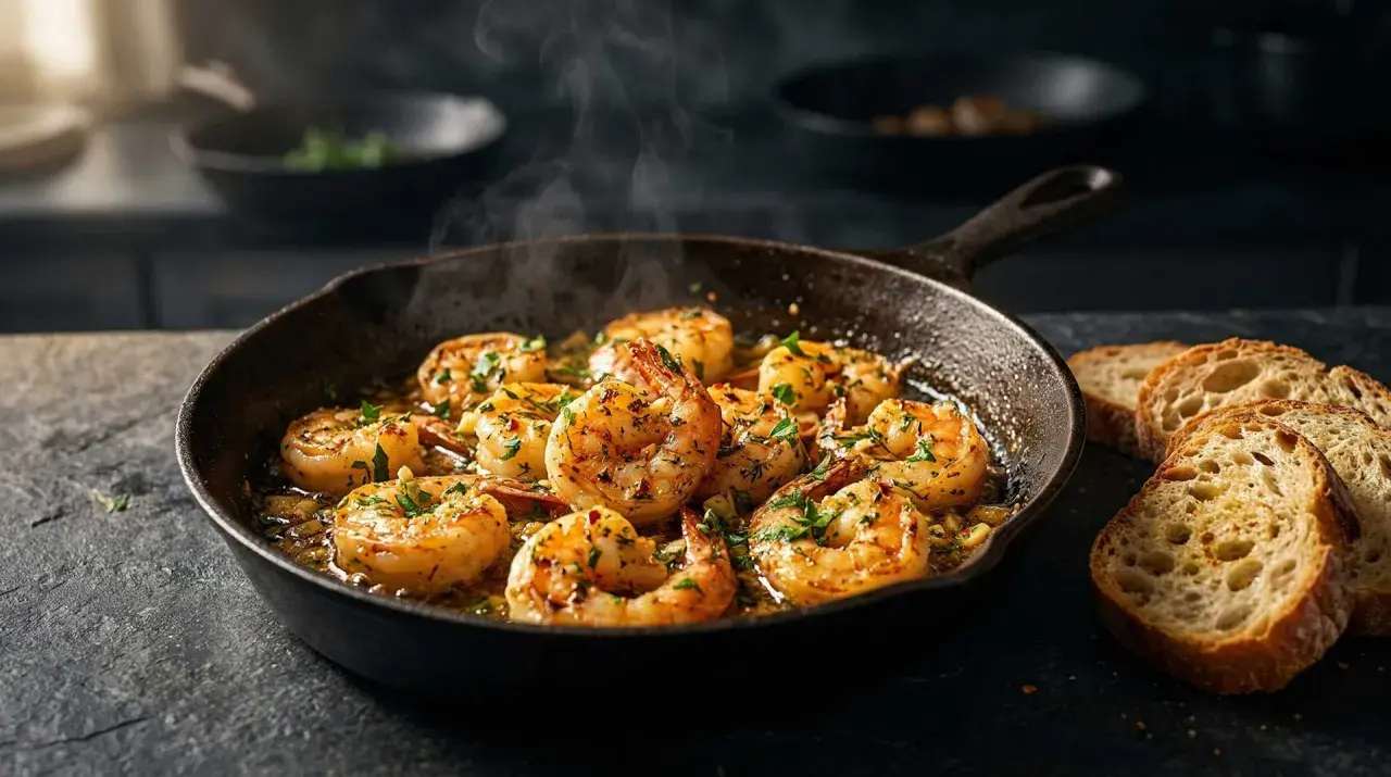 Dampfende Scampi Pfanne mit Knoblauch und Kräutern, serviert mit knusprigem Brot. Ein Fest für die Sinne!