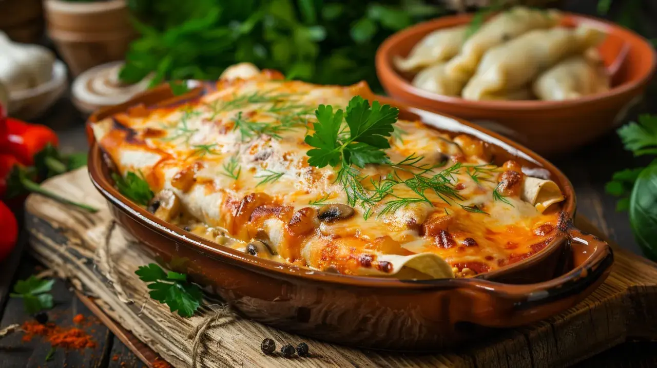 Enchilada lub pierogi z kurczakiem, serem i pieczarkami - pomysł na obiad
