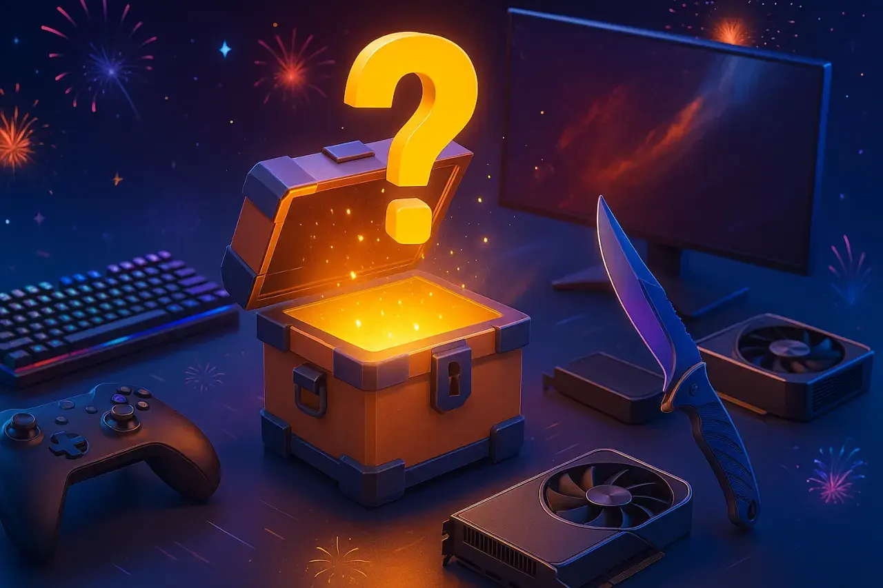 Lootbox otoczony sprzętem gamingowym i fajerwerkami w tle