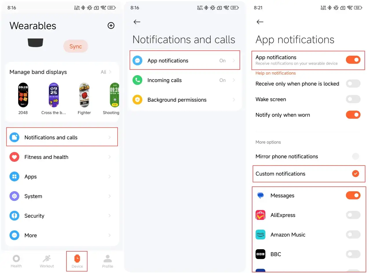 Jak włączyć powiadomienia z Messengera na opasce? Wejdź w "Powiadomienia i połączenia", potem "Powiadomienia aplikacji" i włącz "Wiadomości".