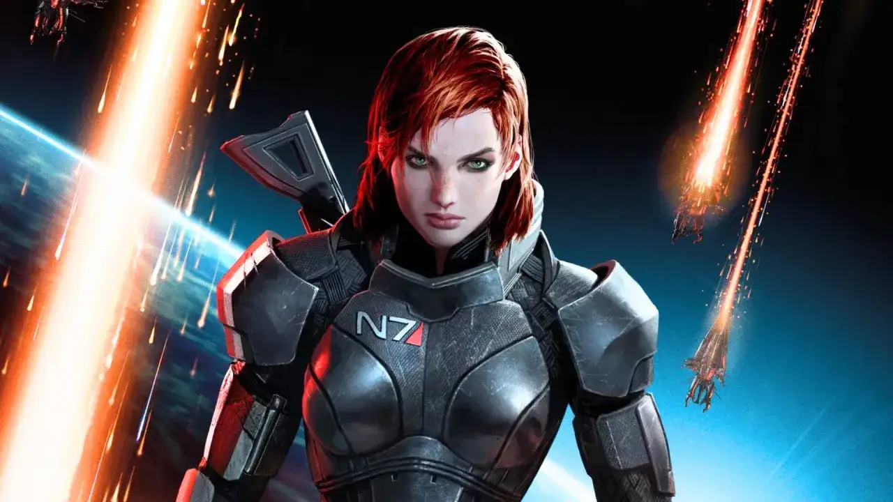 Komandor Shepard w zbroi N7, w tle kosmiczna bitwa z serialu Mass Effect.