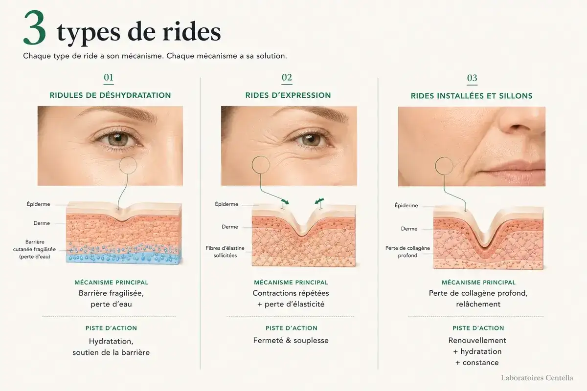 Trois types de rides expliqués : déshydratation, expression et installées. L'image montre des schémas de peau illustrant les causes des rides et ridules.