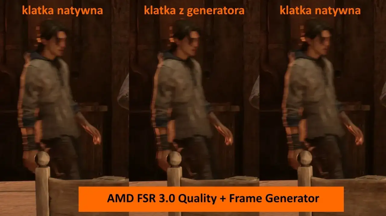 Porównanie klatek: natywna vs. z generatora klatek AMD FSR 3.0 Quality. Widać różnicę w płynności ruchu postaci.