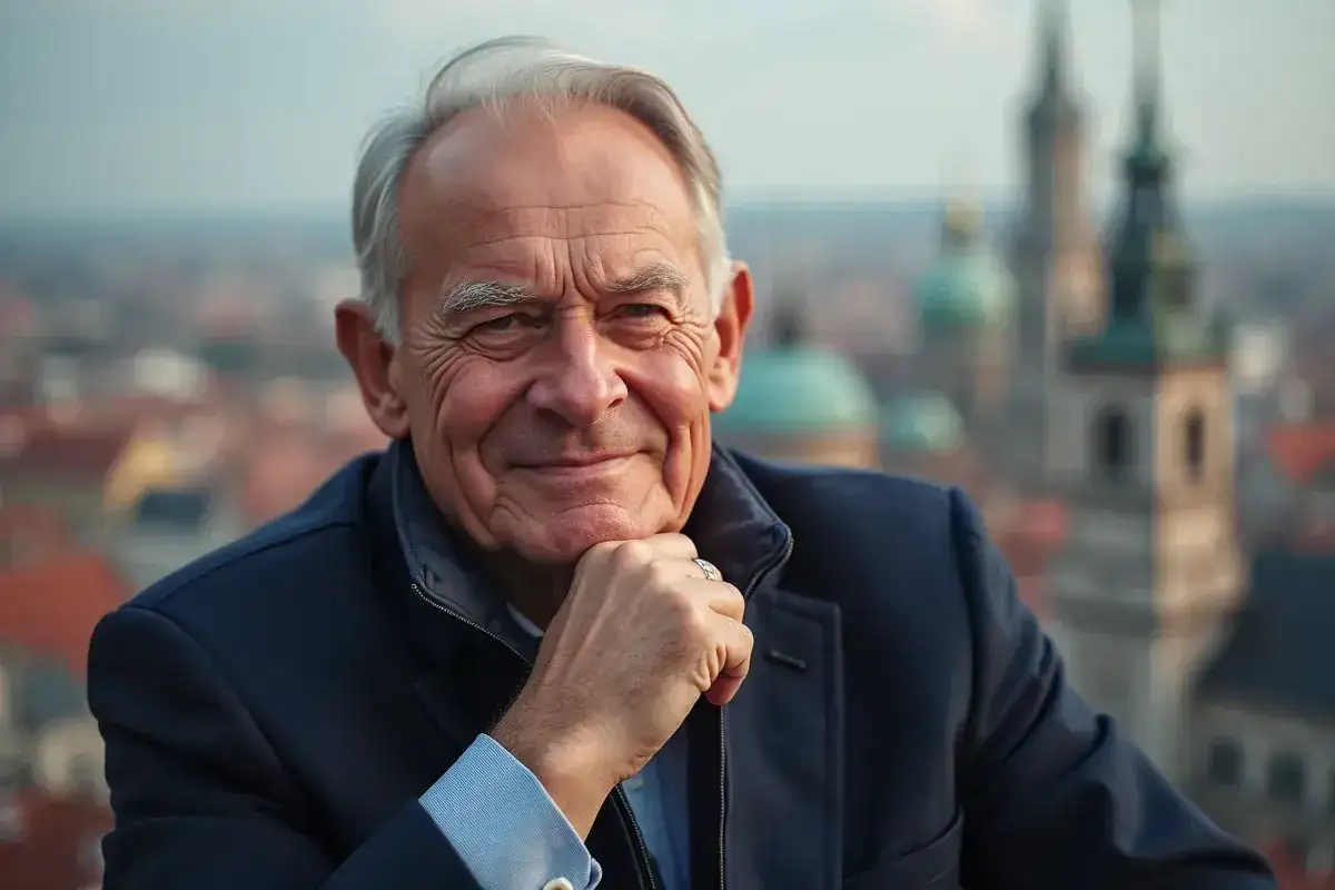 Uśmiechnięty mężczyzna z siwymi włosami, oparty podbródkiem o dłoń. W tle widać panoramę miasta. Ile lat ma Donald Tusk?