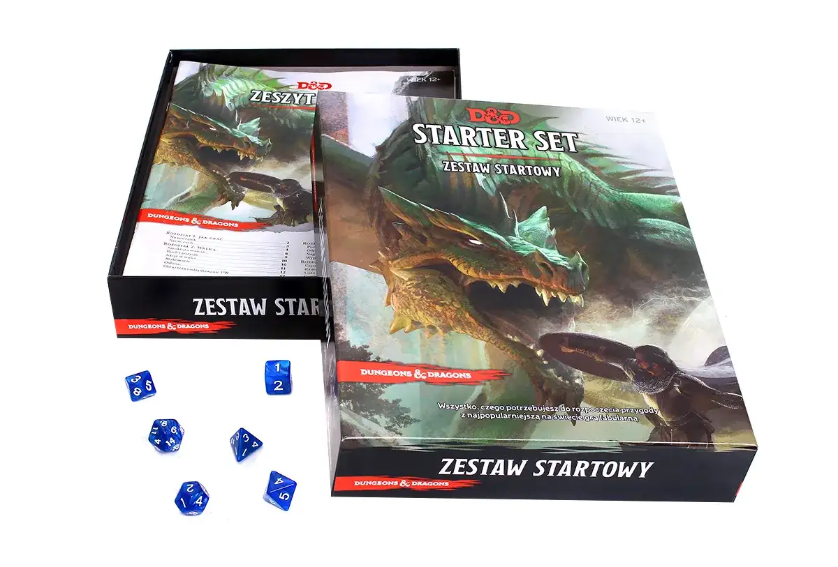 Zestaw startowy Dungeons & Dragons z zielonym smokiem i kośćmi do gry. Idealny na początek przygody w świecie D&D.