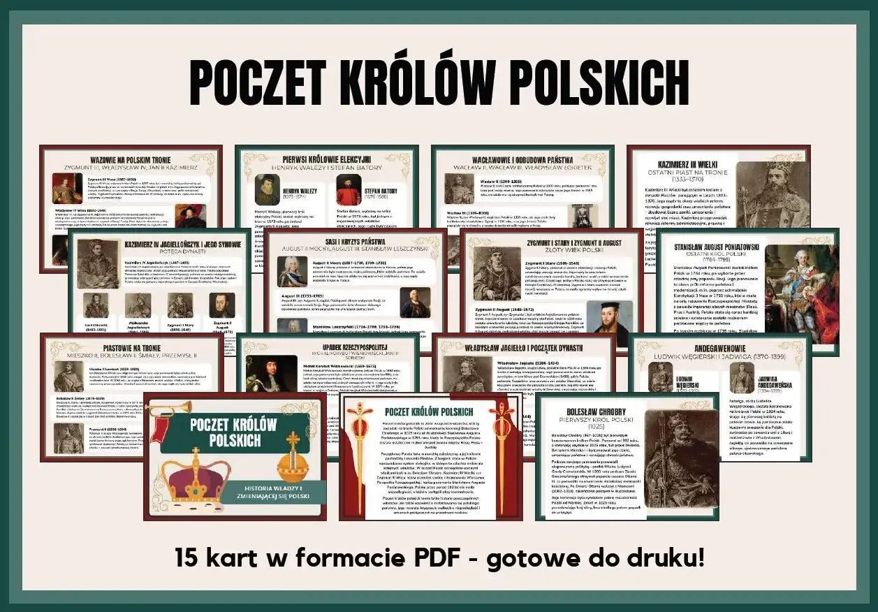 Poczet królów polskich: od Piastów po Poniatowskiego. Ilustrowana historia władców Polski, 15 kart PDF.