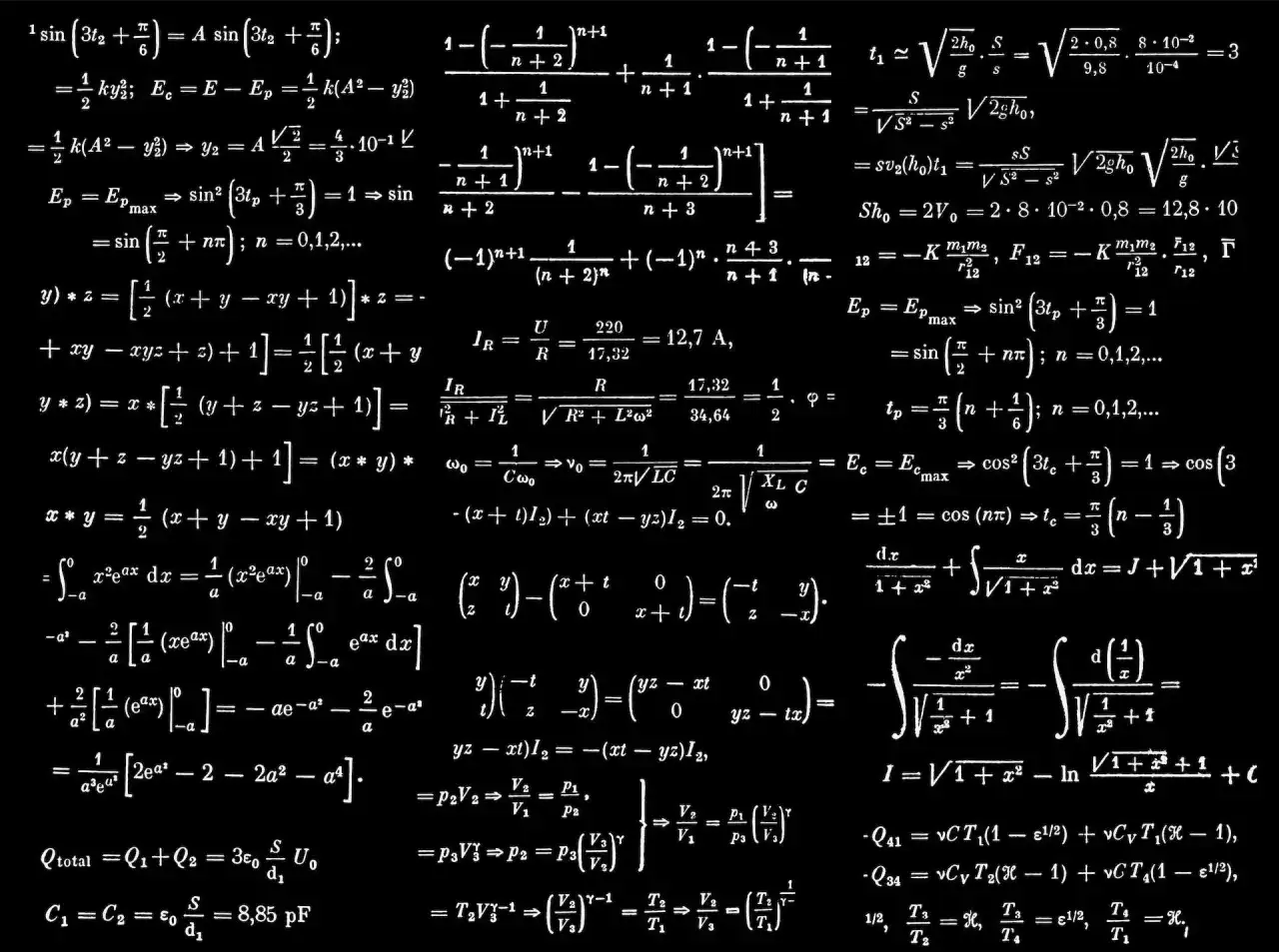 Zbiór skomplikowanych wyrażeń algebraicznych i równań fizycznych, obejmujących m.in. rachunek całkowy i różniczkowy.