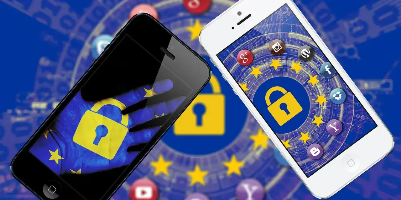 Dwa smartfony z symbolami blokady i flagą UE. Ikony aplikacji i cyfrowy kod podkreślają znaczenie prywatności w erze cyfrowej.