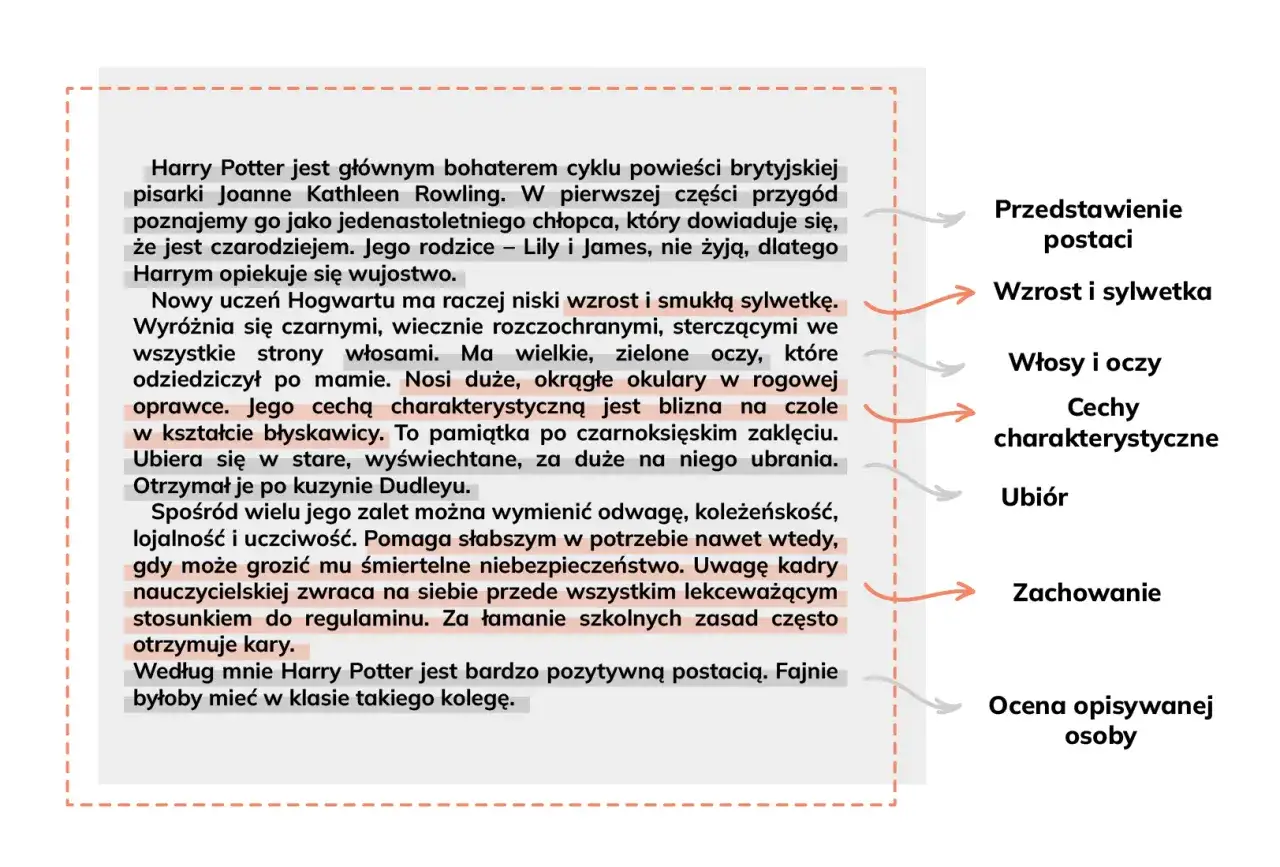 Fragment tekstu o Harrym Potterze z wyróżnionymi cechami postaci i ich opisami.