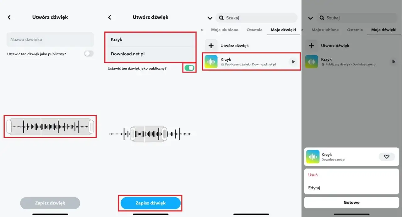 Jak ustawić oryginalny dźwięk Snapchat: wybierz "Krzyk" z Download.net.pl, aby dodać go do swoich dźwięków.
