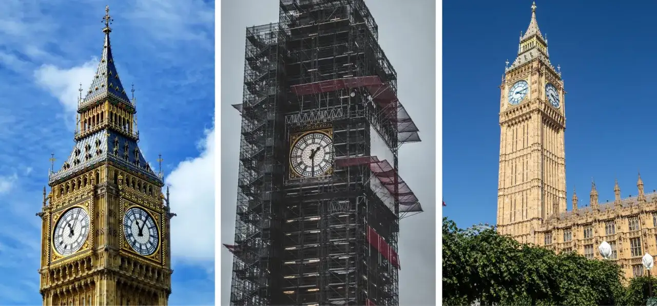 Trzy ujęcia Big Bena: w pełnej krasie, w rusztowaniach podczas renowacji i z fragmentem Pałacu Westminsterskiego. Ciekawe big ben ciekawostki.