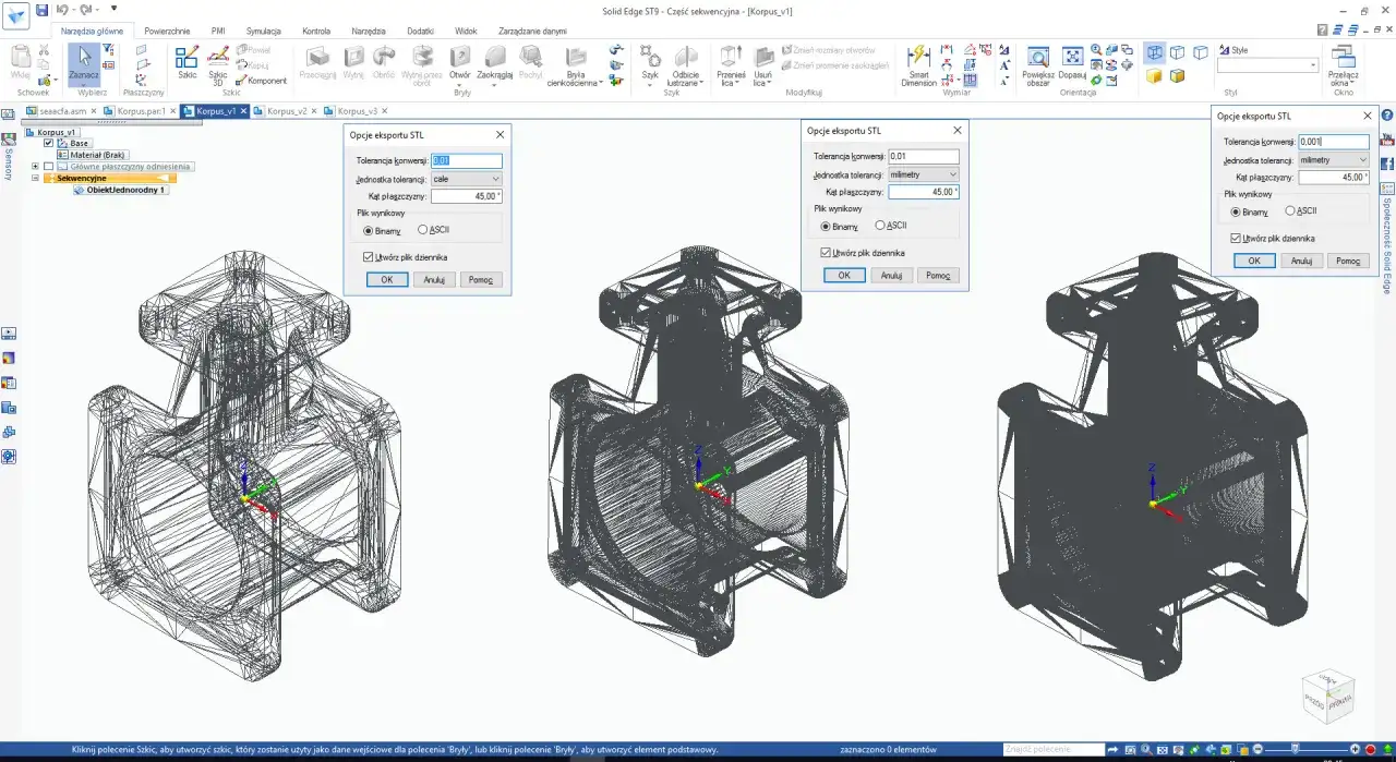 Eksport modelu 3D do formatu STL w programie Solid Edge. Widoczne okno dialogowe "Opcje eksportu STL" z ustawieniami tolerancji i jednostek, a także podgląd siatki modelu. To jest plik dwg.